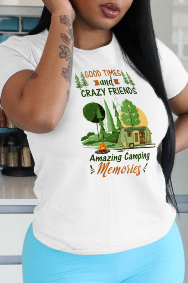 White Casual Vintage Print Patchwork O Neck T-Shirts