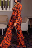 Tangerine Red Fashion Print Patchwork Zipper V Neck Long Sleeve Two Pieces
