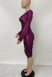 Red Fashion Sexy Solid Fold V Neck Long Sleeve Dresses