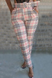 Khaki Casual Plaid Striped Print Patchwork Regular High Waist Pencil Full Print Bottoms