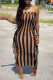 Black Brown Sexy Striped Print Tassel Patchwork Strapless One Step Skirt Dresses