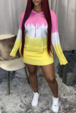 Pink Yellow Fashion Casual Print Basic Hooded Collar Long Sleeve Dresses