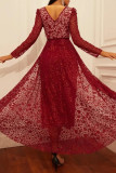 Red Fashion Sexy Patchwork V Neck Long Sleeve Evening Dress
