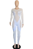 White Fashion Sexy Patchwork See-through O Neck Skinny Jumpsuits