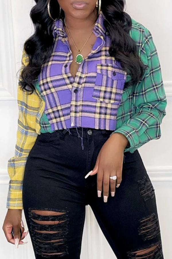 Purple Casual Plaid Patchwork Turndown Collar Tops