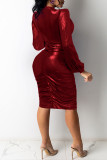 Red Fashion Sexy Solid Fold V Neck Long Sleeve Dresses