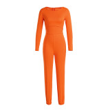 Orange Sexy Solid Hollowed Out Patchwork O Neck Straight Jumpsuits