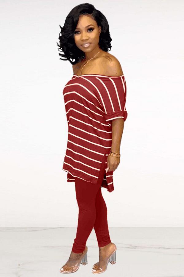 Red V Neck Short Sleeve Striped Print Patchwork Tees & T-shirts