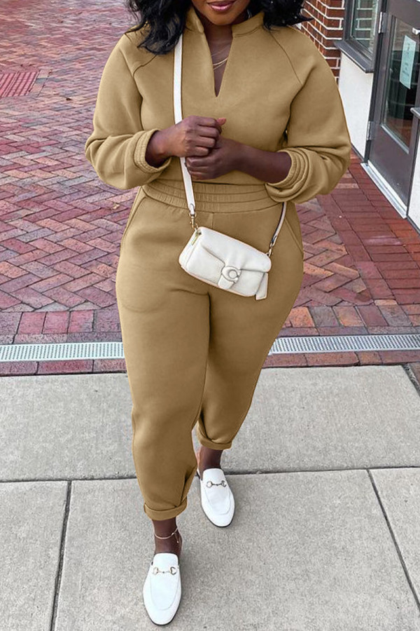 Khaki Fashion Casual Solid Basic V Neck Long Sleeve Two Pieces