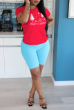 Red Daily Cute Print Patchwork O Neck T-Shirts