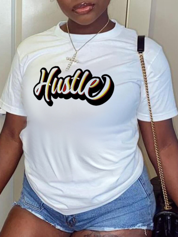 White Casual Street Print Patchwork Letter O Neck T-Shirts