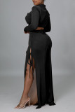 Black Sexy Solid Patchwork Frenulum Slit V Neck Long Sleeve Two Pieces