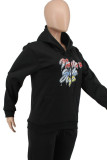 Black Fashion Casual Print Basic Hooded Collar Tops