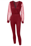 Red Fashion Casual Patchwork Sequins V Neck Regular Jumpsuits