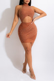 Orange Sexy Solid Patchwork Hot Drill Halter Pencil Skirt Dresses