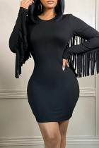 Black Fashion Casual Tassel Split Joint O Neck Long Sleeve Dresses