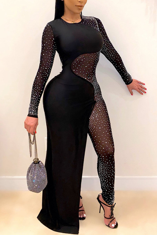 Black Elegant Patchwork O Neck Loose Jumpsuits