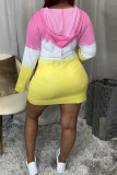 Pink Yellow Fashion Casual Print Basic Hooded Collar Long Sleeve Dresses