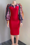 Red Fashion Elegant Print Split Joint O Neck Pencil Skirt Dresses