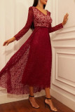 Red Fashion Sexy Patchwork V Neck Long Sleeve Evening Dress