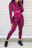 Red Casual Camouflage Print Patchwork Zipper Zipper Collar Long Sleeve Two Pieces