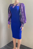Blue Fashion Elegant Print Split Joint O Neck Pencil Skirt Dresses