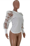 White Fashion Casual Patchwork See-through O Neck Tops