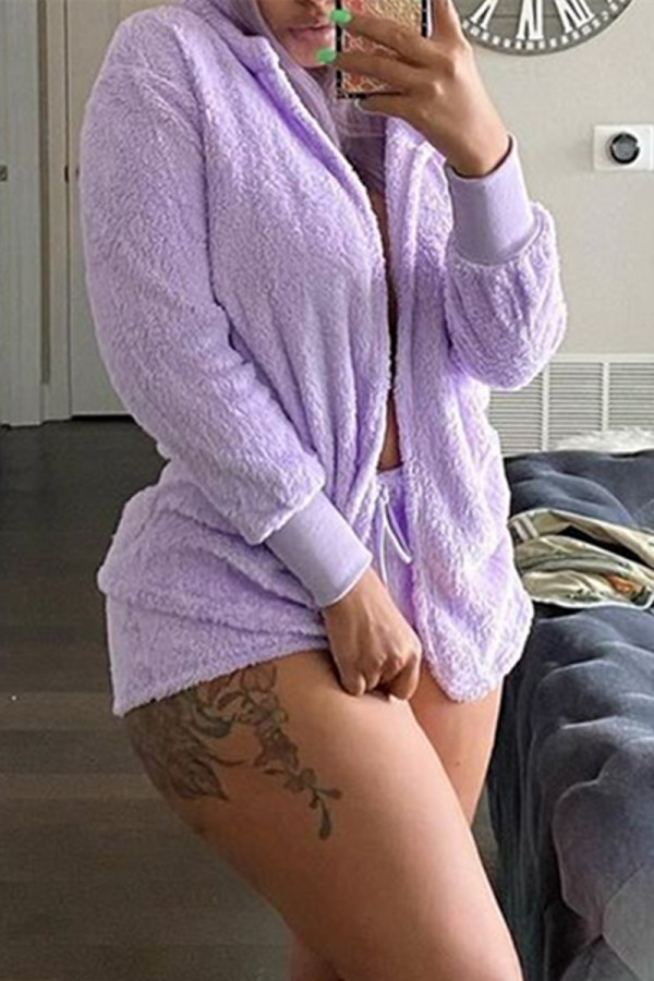 Purple Fashion Casual Solid Basic Hooded Collar Long Sleeve Two Pieces