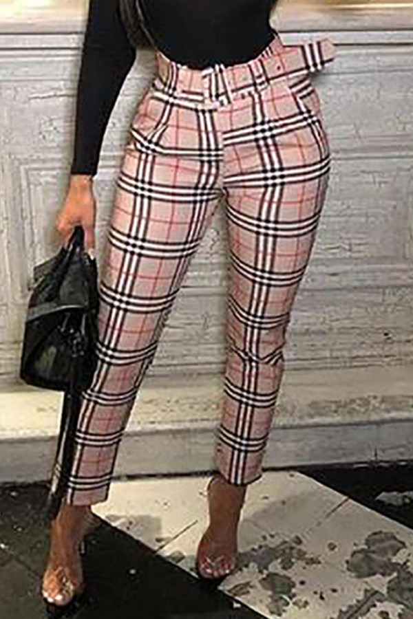 Khaki Casual Plaid Striped Print Patchwork Regular High Waist Pencil Full Print Bottoms