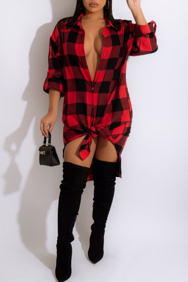 Red Fashion Casual Plaid Solid Cardigan Turndown Collar Outerwear