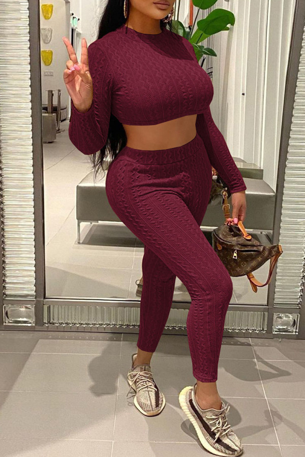Burgundy Casual Solid Patchwork O Neck Long Sleeve Two Pieces