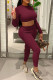 Burgundy Casual Solid Patchwork O Neck Long Sleeve Two Pieces