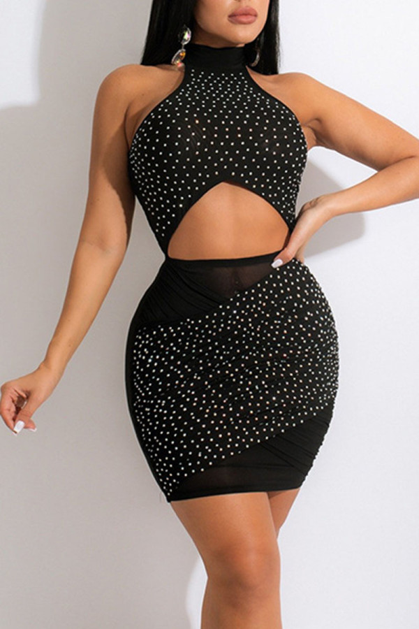 Black Sexy Solid Patchwork Hot Drill Halter Pencil Skirt Dresses