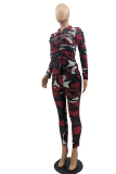 Red adult Street Fashion Camouflage Print Two Piece Suits Patchwork pencil Long Sleeve Two-pi