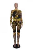 Black adult Fashion Sexy Leopard Two Piece Suits Patchwork Print pencil Long Sleeve Two-piece P