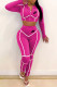 Rose Red Fashion Street Print Patchwork Zipper Collar Long Sleeve Two Pieces