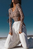 Leopard Print Fashion Sexy Print Leopard See-through O Neck Skinny Romper