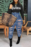 Black Fashion Casual Letter Print Ripped Patchwork O Neck Skinny Jumpsuits