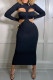 Navy Blue Fashion Sexy Solid Hollowed Out Half A Turtleneck Long Sleeve Two Pieces