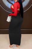 Red Black Sexy Casual Patchwork Hollowed Out Slit Turtleneck Long Sleeve Dresses