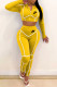 Yellow Fashion Street Print Patchwork Zipper Collar Long Sleeve Two Pieces