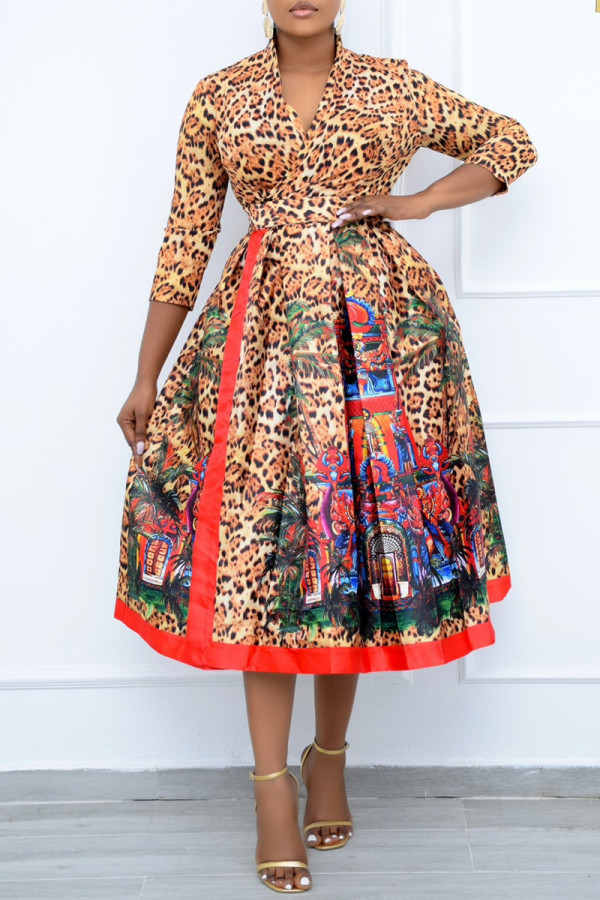 Yellow Fashion Casual Print Basic V Neck Long Sleeve Dresses