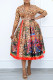 Yellow Fashion Casual Print Basic V Neck Long Sleeve Dresses