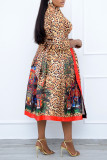 Yellow Fashion Casual Print Basic V Neck Long Sleeve Dresses