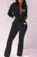 Black Fashion Street Print Patchwork Zipper Collar Long Sleeve Two Pieces