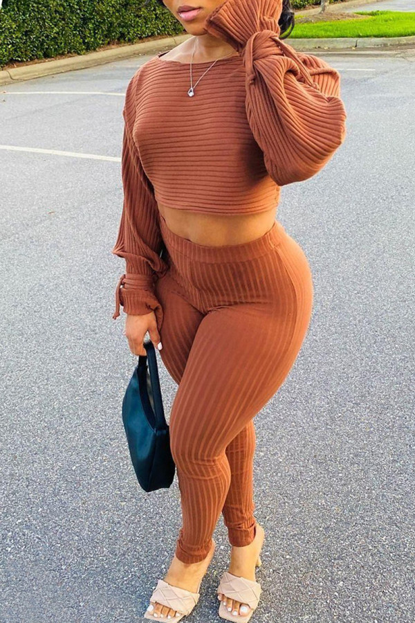 Light Brown Fashion Casual Solid Basic O Neck Long Sleeve Two Pieces