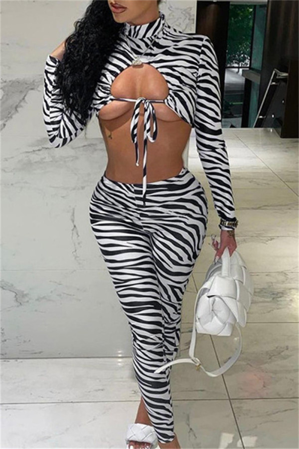 Zebra Fashion Sexy Print Bandage Hollowed Out Turtleneck Long Sleeve Two Pieces