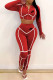 Red Fashion Street Print Patchwork Zipper Collar Long Sleeve Two Pieces