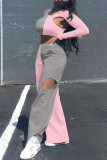 Pink Fashion Casual Patchwork Hollowed Out O Neck Long Sleeve Two Pieces