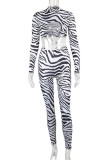 Zebra Fashion Sexy Print Bandage Hollowed Out Turtleneck Long Sleeve Two Pieces